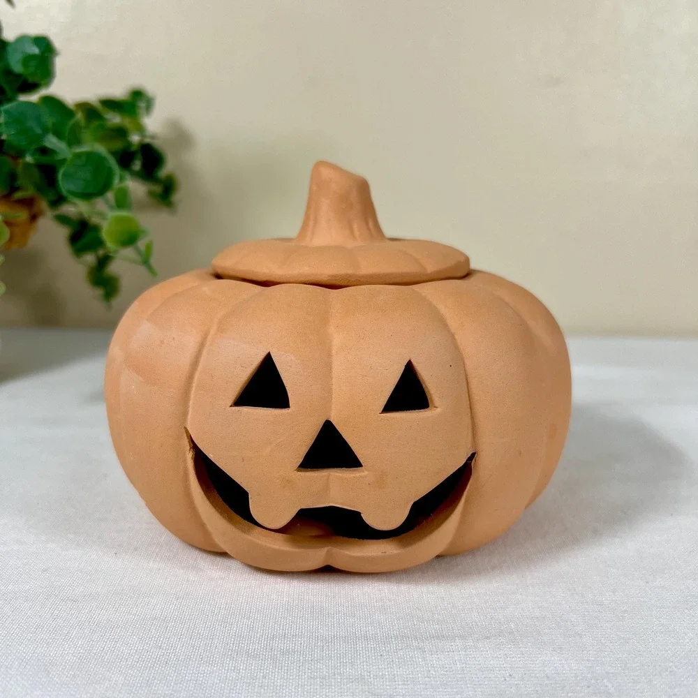 Small Vintage Terracotta Unglazed Pumpkin Jack-O-Lantern